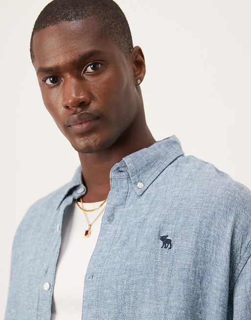 Asos Abercrombie & Fitch Long Sleeve Icon Logo Linen Shirt In Cream
