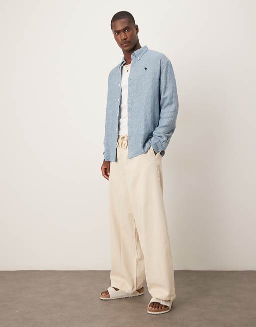 Asos Abercrombie & Fitch Long Sleeve Icon Logo Linen Shirt In Cream