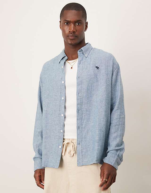 asos Abercrombie & Fitch long sleeve icon logo linen shirt in cream