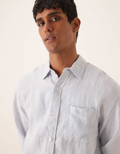 Asos Abercrombie & Fitch Long Sleeve Linen Shirt In Blue Stripe