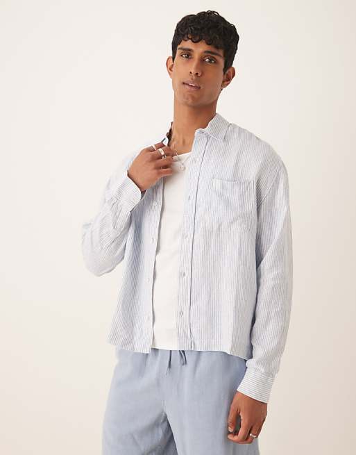 asos Abercrombie & Fitch long sleeve linen shirt in blue stripe
