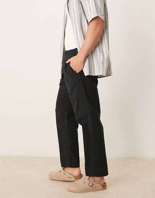 Asos Abercrombie & Fitch Pull On Linen Pleated Loose Fit Trousers In Black