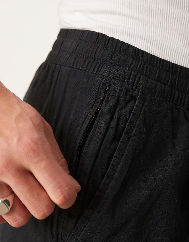 Asos Abercrombie & Fitch Pull On Linen Pleated Loose Fit Trousers In Black
