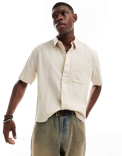 asos Abercrombie & Fitch short sleeve linen shirt in beige