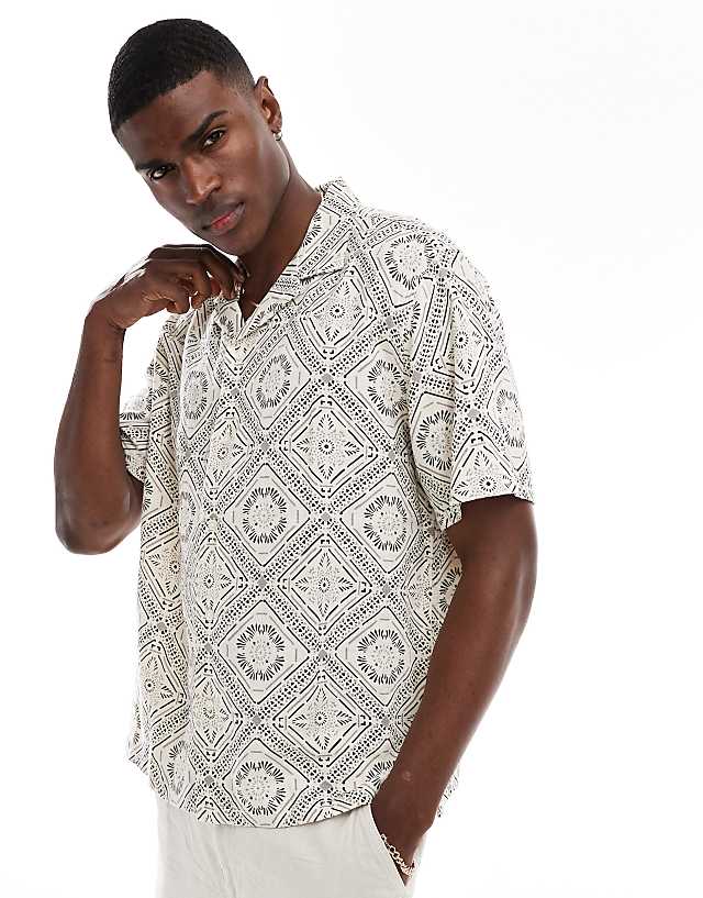 Asos Abercrombie & Fitch Short Sleeve Pattern Embroid Linen Shirt In Tan