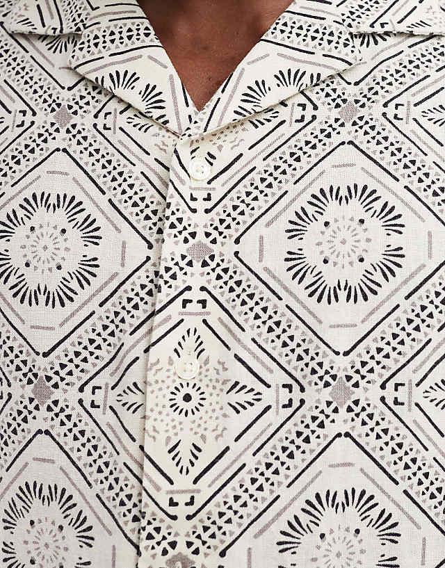 Asos Abercrombie & Fitch Short Sleeve Pattern Embroid Linen Shirt In Tan