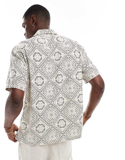 Asos Abercrombie & Fitch Short Sleeve Pattern Embroid Linen Shirt In Tan