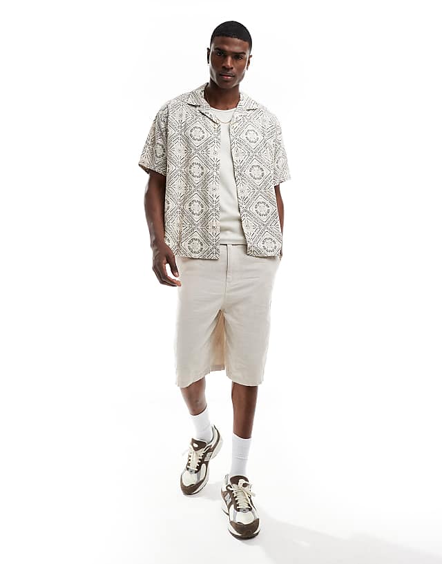 asos Abercrombie & Fitch short sleeve pattern embroid linen shirt in tan