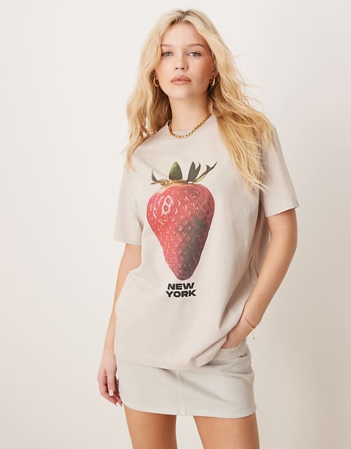 Asos Abercrombie & Fitch Short Sleeve Skimming Embellished Strawberry T-shirt In Beige