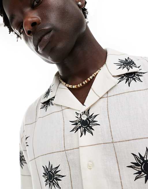 Asos Abercrombie & Fitch Square Embroided Linen Blend Short Sleeve Shirt Relaxed Fit In White