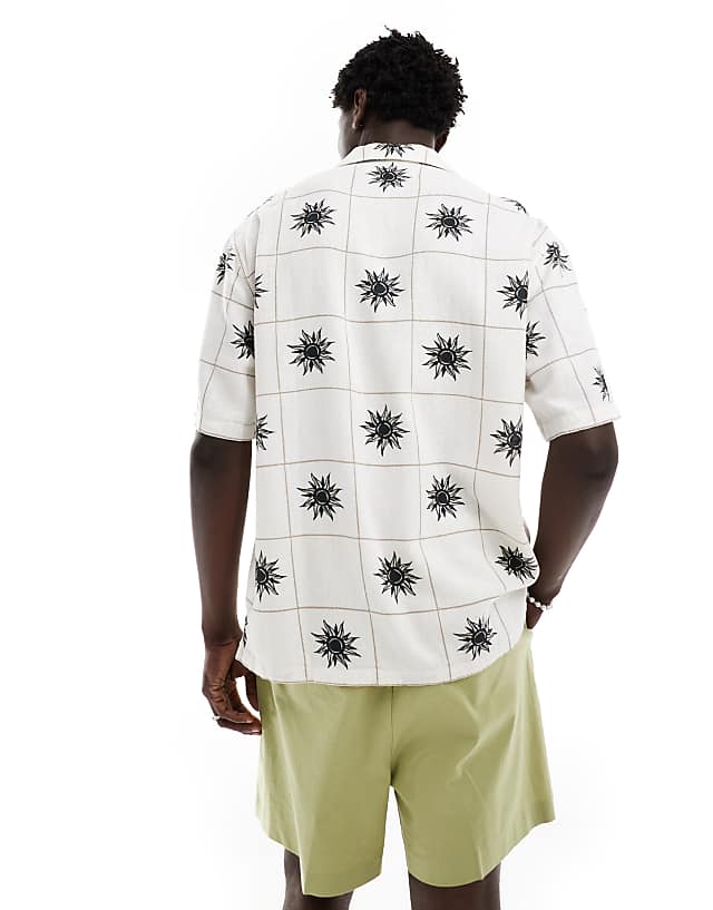 Asos Abercrombie & Fitch Square Embroided Linen Blend Short Sleeve Shirt Relaxed Fit In White