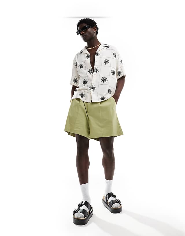 Asos Abercrombie & Fitch Square Embroided Linen Blend Short Sleeve Shirt Relaxed Fit In White