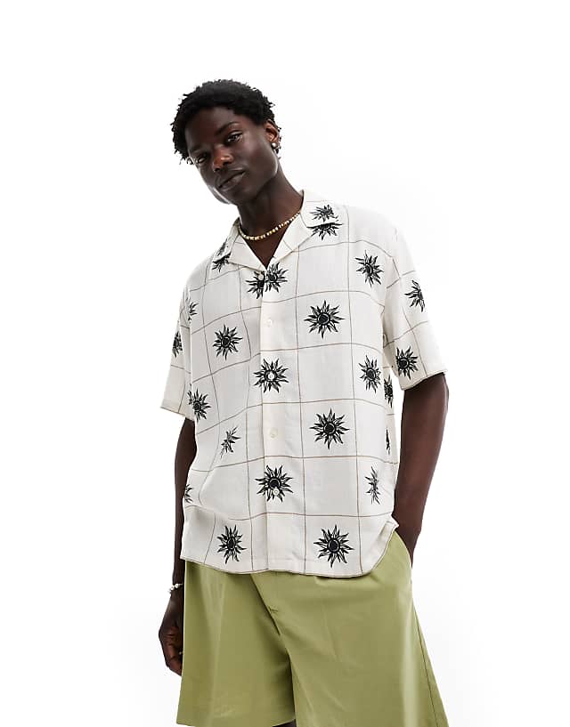 asos Abercrombie & Fitch square embroided linen blend short sleeve shirt relaxed fit in white