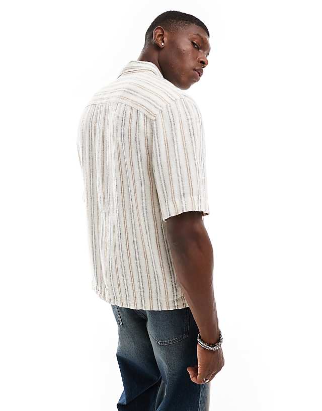 Asos Abercrombie & Fitch Striped Linen Short Sleeve Shirt In Cream