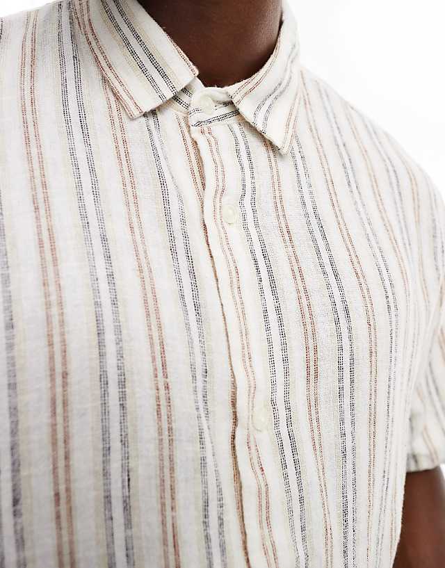 Asos Abercrombie & Fitch Striped Linen Short Sleeve Shirt In Cream