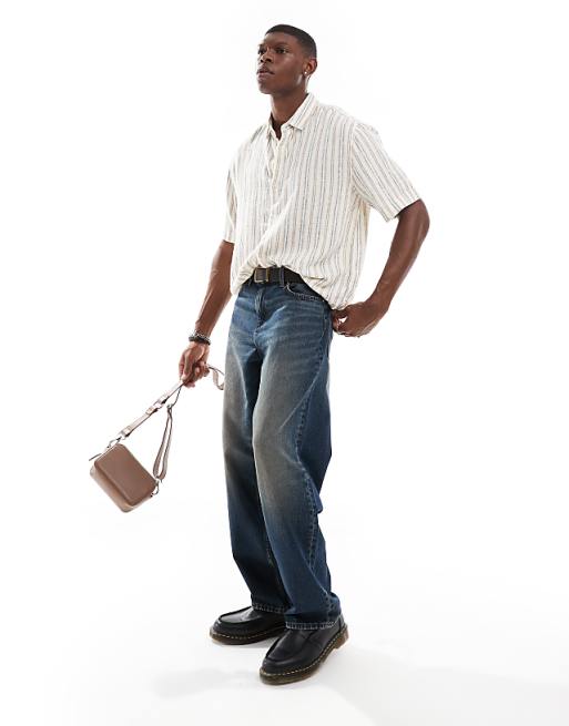 Asos Abercrombie & Fitch Striped Linen Short Sleeve Shirt In Cream