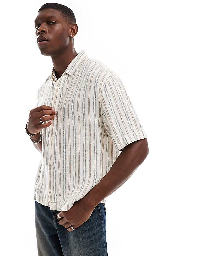 asos Abercrombie & Fitch striped linen short sleeve shirt in cream