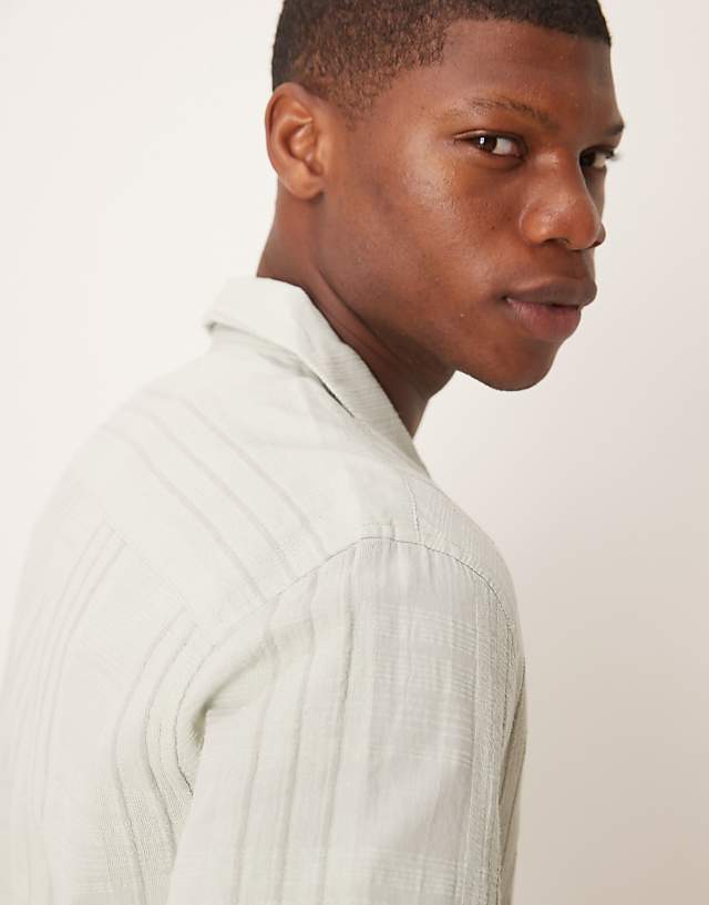 Asos Abercrombie & Fitch Textured Linen Collar Detail Short Sleeve Shirt In Green