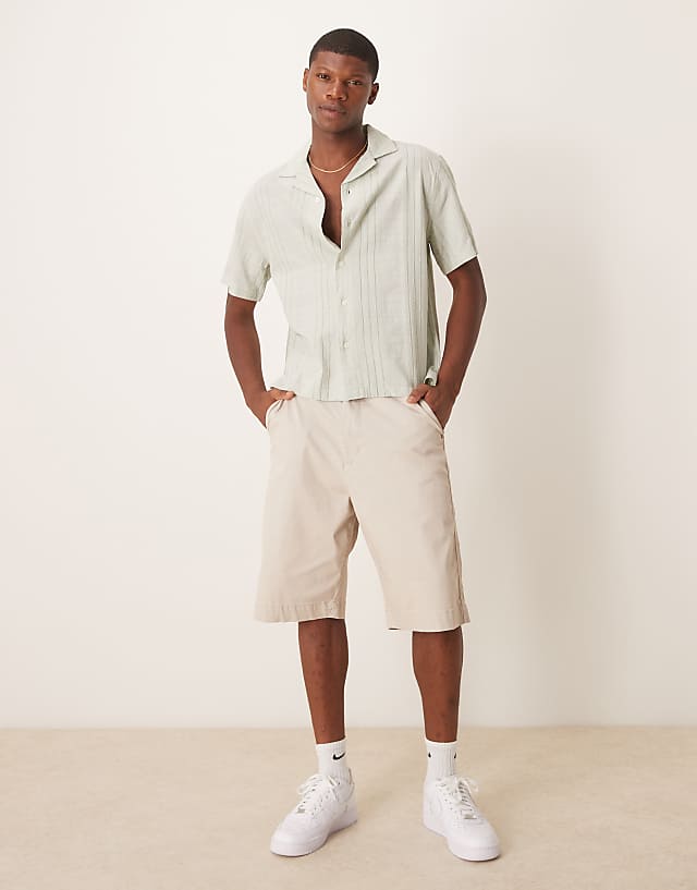 Asos Abercrombie & Fitch Textured Linen Collar Detail Short Sleeve Shirt In Green