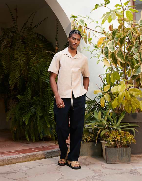 Asos Abercrombie & Fitch Textured Linen Collar Detail Short Sleeve Shirt In Cream