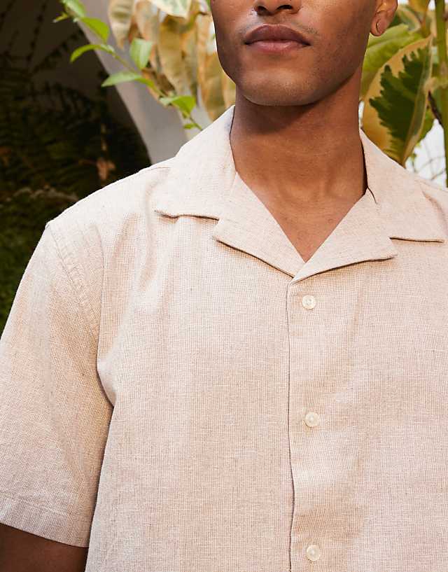 Asos Abercrombie & Fitch Textured Linen Collar Detail Short Sleeve Shirt In Cream