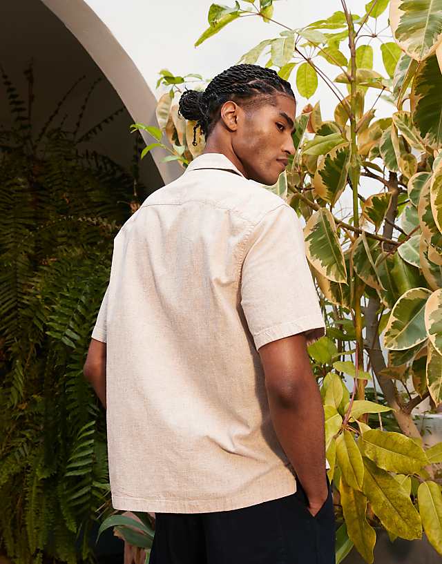 Asos Abercrombie & Fitch Textured Linen Collar Detail Short Sleeve Shirt In Cream