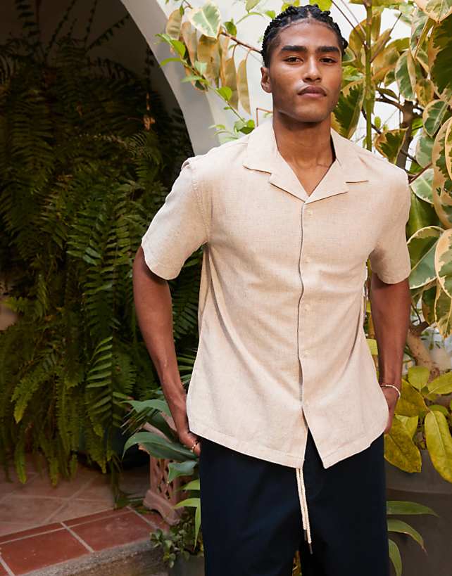 asos Abercrombie & Fitch textured linen collar detail short sleeve shirt in cream