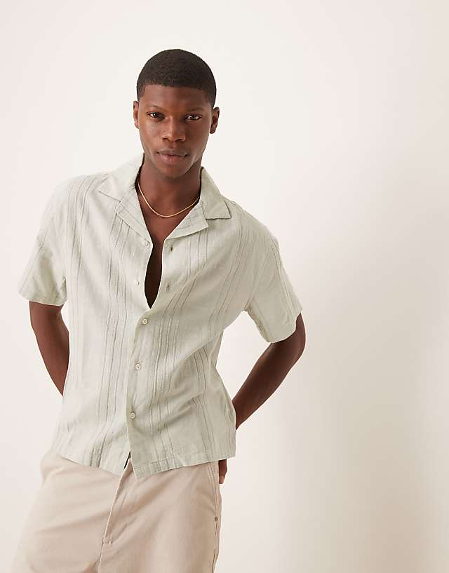 asos Abercrombie & Fitch textured linen collar detail short sleeve shirt in green