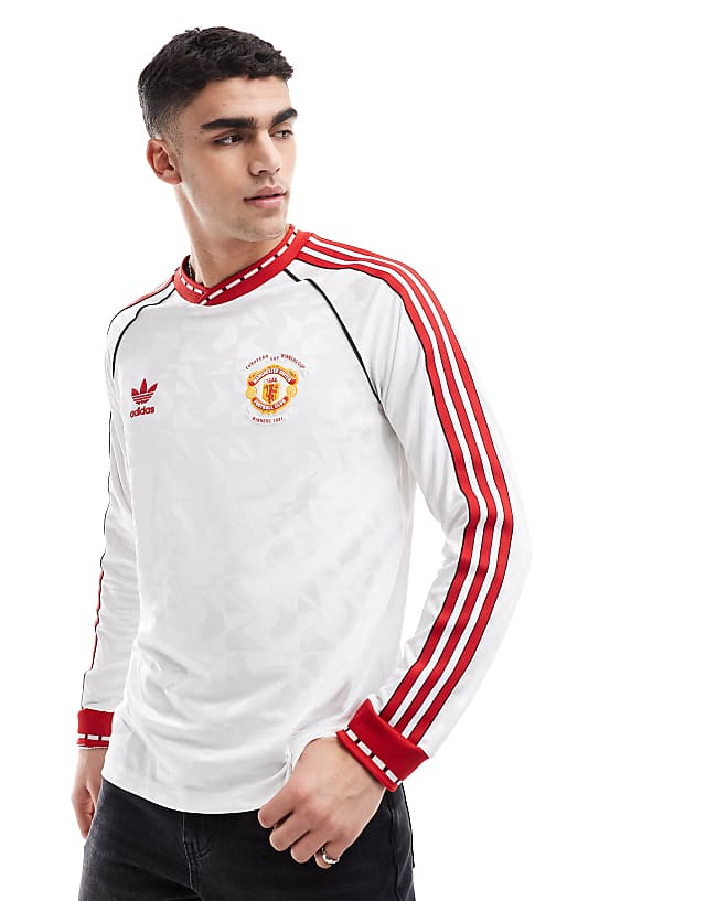 asos adidas Football Manchester United anniversary 91 long sleeve top in white and red