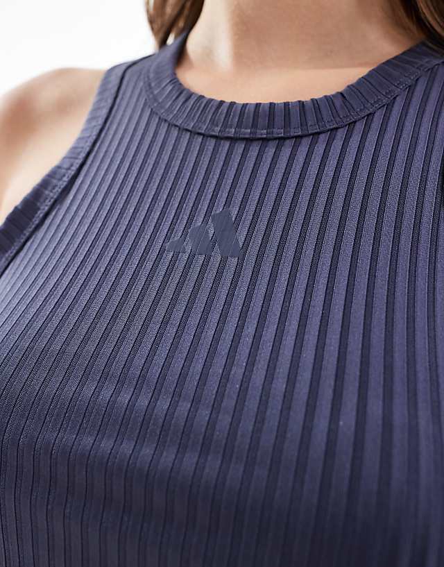 Asos Adidas Performance Ribbed Tonal 3-stripes Tank Top In Blue