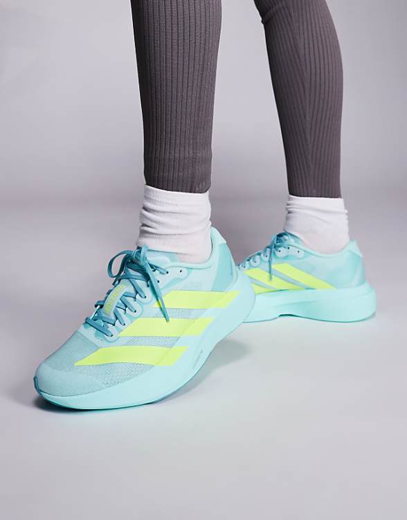 asos adidas Running Adizero EVO SL trainers in aqua blue and yellow