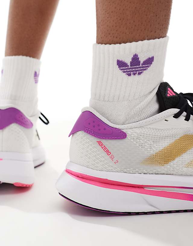 Asos Adidas Running Adizero SL2 Trainers In White Gold And Purple