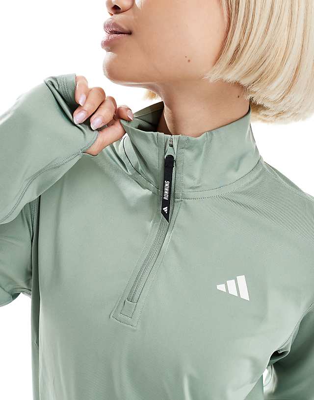 Asos Adidas Running Own The Run 1/4 Zip Top In Silver Green