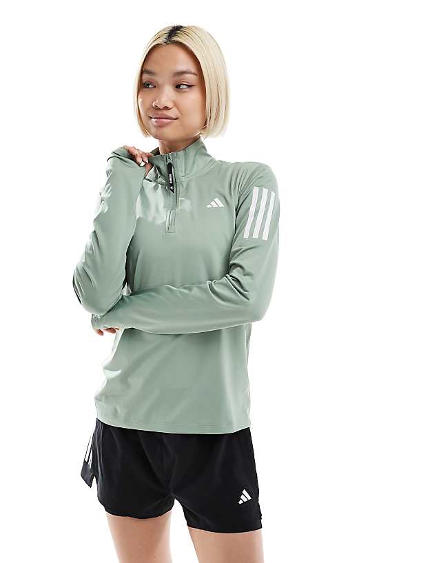 asos adidas Running Own The Run 1/4 zip top in silver green