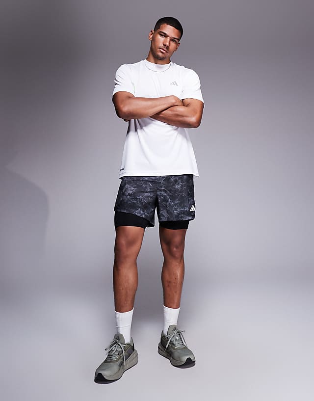 asos adidas Running Own The Run 2 in 1 shorts with black grey print