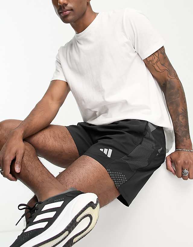 Asos Adidas Running Own The Run Side Panel Abstract Print 5 Inch Shorts In Black