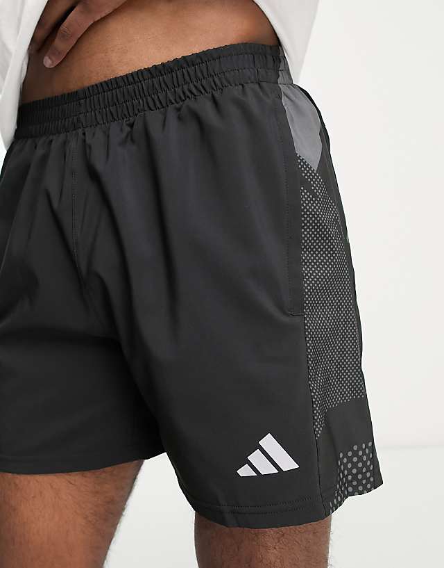 Asos Adidas Running Own The Run Side Panel Abstract Print 5 Inch Shorts In Black