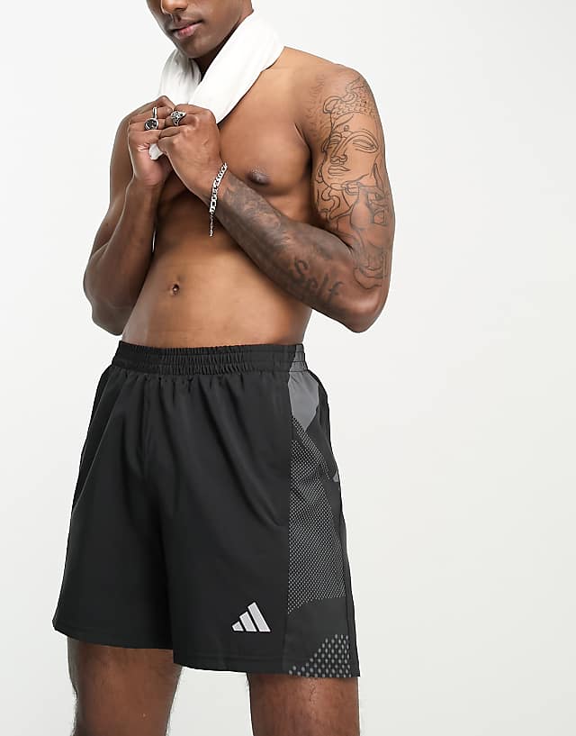 asos adidas Running Own The Run side panel abstract print 5 inch shorts in black