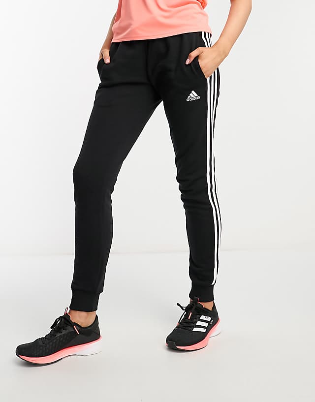 asos adidas Sportswear essentials 3 stripes joggers in black and white