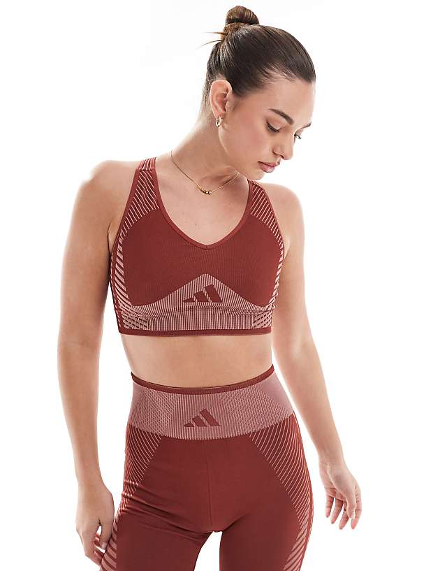 asos adidas Training D4T light support sports bra in burgundy