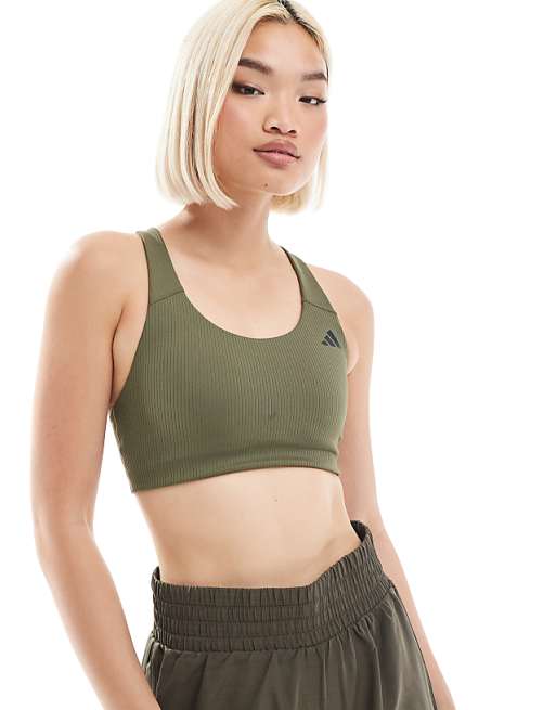 Asos Adidas Training D4T Medium Support Rib Sports Bra In Olive Green