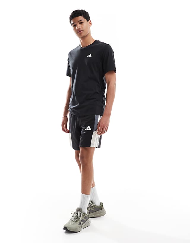 asos adidas Training Essentials 3 stripe shorts in black and grey block