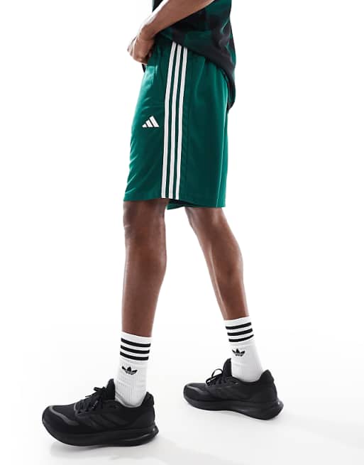 asos adidas Training Essentials 3 stripe shorts in dark green
