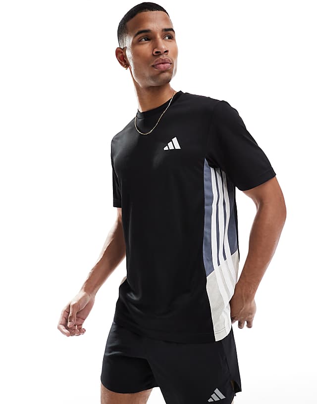asos adidas Training Essentials 3 stripe t-shirt in black and grey block