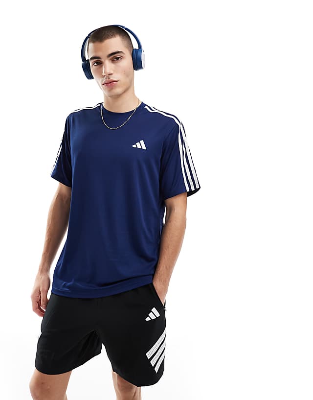 asos adidas Training Essentials 3 stripe t-shirt in navy