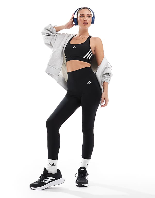Asos Adidas Training Essentials Medium Support 3 Stripe Sports Bra In Black