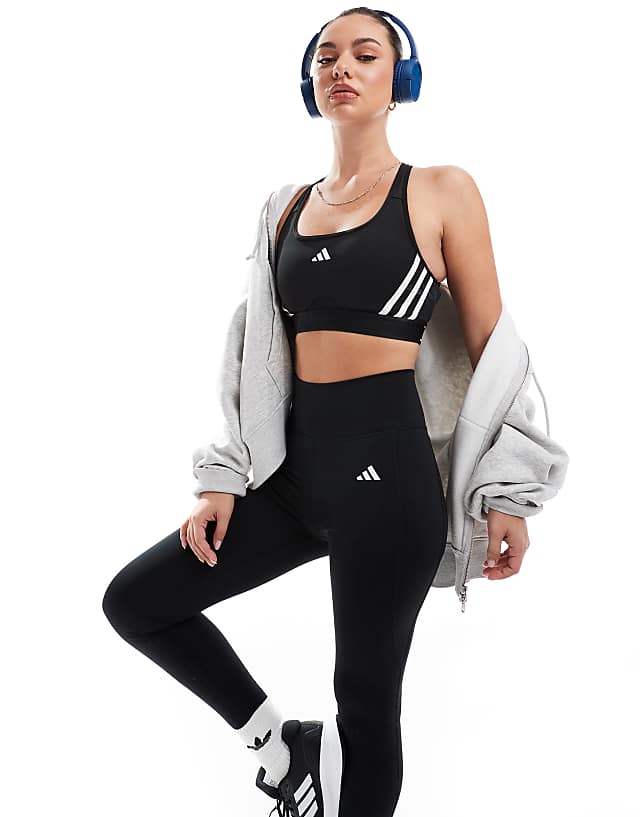 asos adidas Training Essentials medium support 3 stripe sports bra in black
