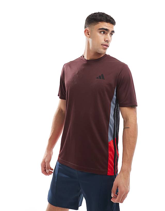 asos adidas Training Essentials t-shirt with 3 stripe in burgundy