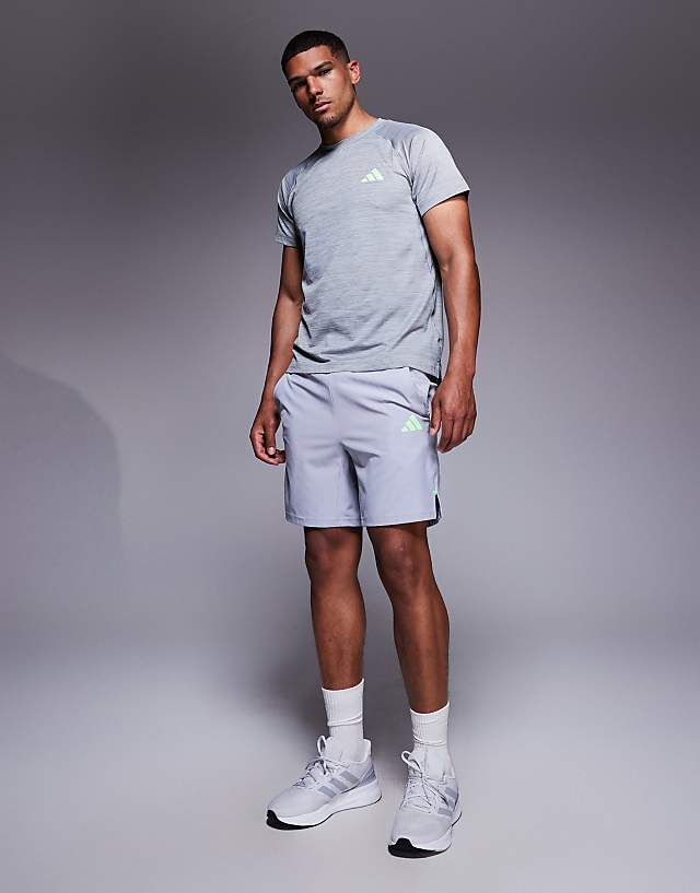 asos adidas Training Gym+ 3 stripe shorts in grey and green pop