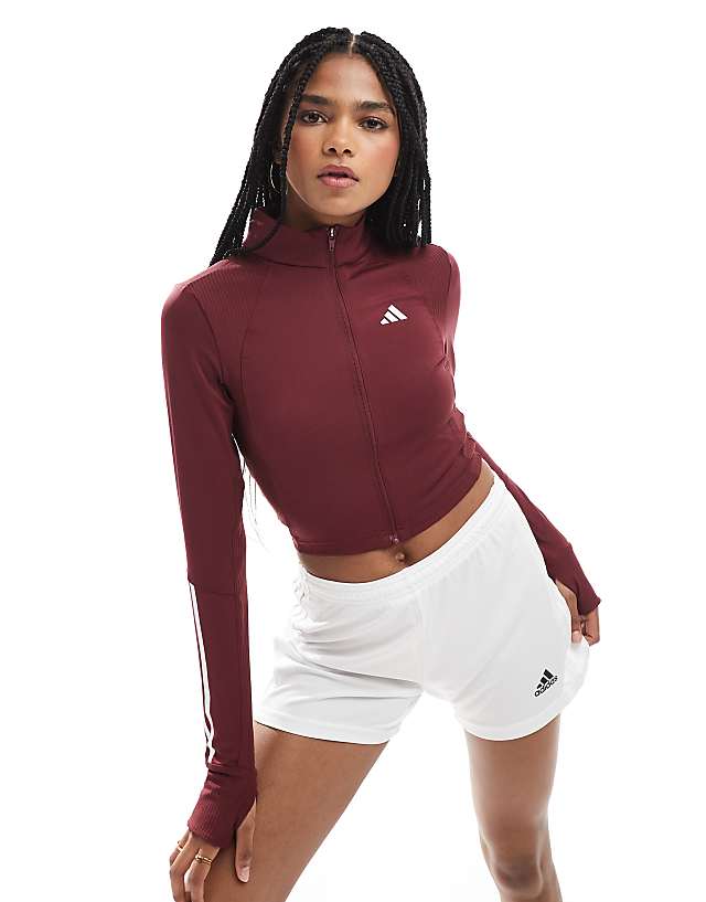 asos adidas Training Hyperglam full zip top in burgundy